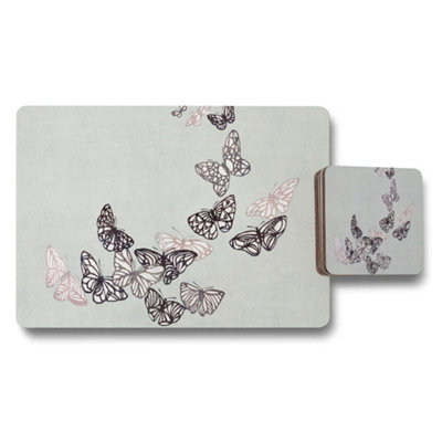 Benjamin Tate Design Elegant Butterfly Placemat And Coaster Set With Soft Gray Background from B&Q