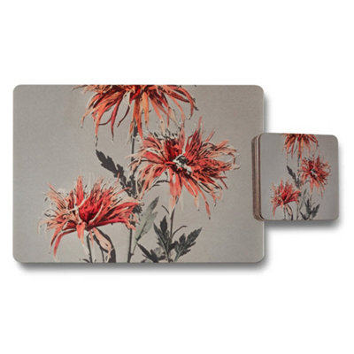 B&Q -  Red Floral Placemat And Coaster Set With Artistic Blossom Design