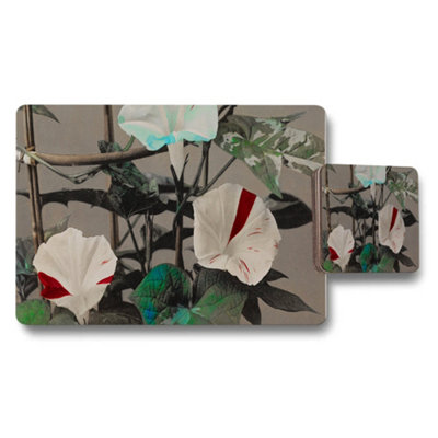 B&Q -  Botanical Flower Placemat And Coaster Set With White Flowers