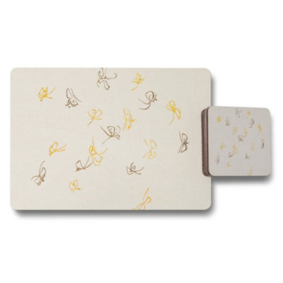 B&Q -  Beige Butterfly Pattern Placemat And Coaster Set For Dining