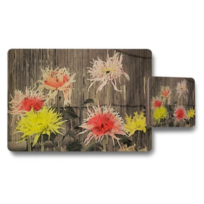 Benjamin Tate Design Floral Spider Chrysanthemum Placemat And Coaster Set With Wood Background from B&Q