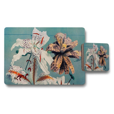 Benjamin Tate Design Floral Lily Placemat And Coaster Set With Leopard Print Accent from B&Q