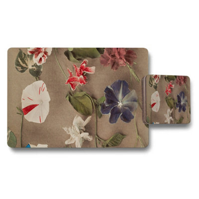 B&Q -  Floral Placemats And Coaster Set With Vintage Brown Botanical Design