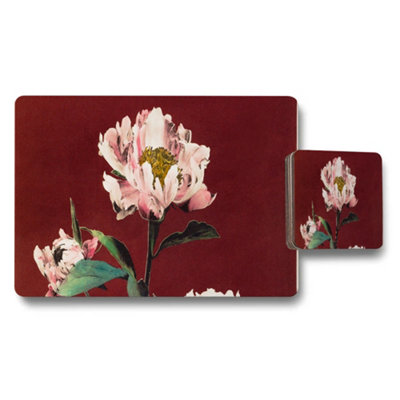 B&Q -  Pink Floral Peony Placemat And Coaster Set With Burgundy Background