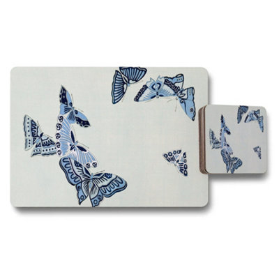 B&Q -  Blue Butterfly Placemats And Coaster Set For Dining Table