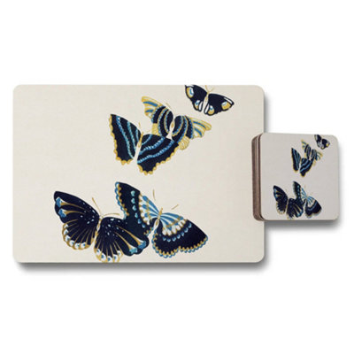 Benjamin Tate Design Butterfly Themed Placemat And Coaster Set Navy Blue And Gold On Cream from B&Q