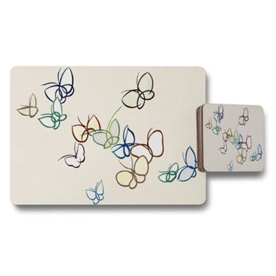 Benjamin Tate Design Butterfly Themed Placemats And Coaster Set With Colorful Outlines from B&Q