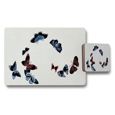 B&Q -  Butterfly Design Placemats And Coaster Set With Blue And Red Butterflies
