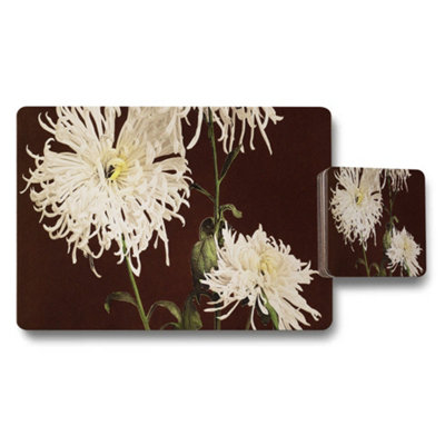 Benjamin Tate Design White Chrysanthemum Floral Placemat And Coaster Set Dark Background from B&Q