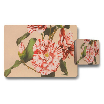 Benjamin Tate Design Floral Rose Placemat And Coaster Set Beige Background from B&Q