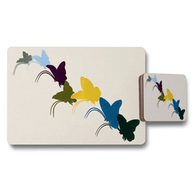 B&Q -  Butterfly Pattern Placemat And Coaster Set With Colorful Butterflies