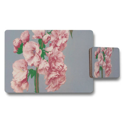 B&Q -  Pink Peony Placemats And Coasters Set With Grey Background