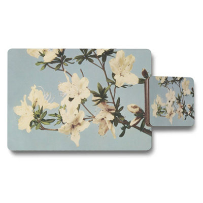 B&Q -  Floral Placemat And Coaster Set With Cream Blossoms On Blue