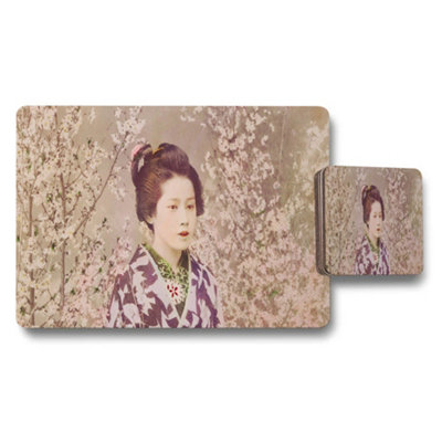 Benjamin Tate Design Japanese Kimono Cherry Blossom Placemat Coaster Set
