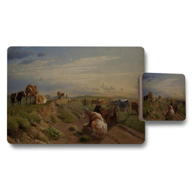 B&Q -  Pastoral Cattle Scene On A Dirt Road Placemat And Coaster Set