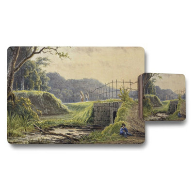 B&Q -  Vintage Landscape Placemats And Coaster Set With River Bridge Scene
