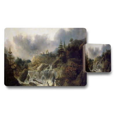 B&Q -  Landscape Placemats And Coaster Set With Waterfall Scene Artwork