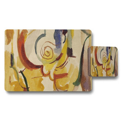B&Q -  Abstract Floral Placemat And Coaster Set With Yellow Rose Artwork