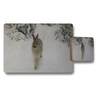 Benjamin Tate Design Winter Rabbit Placemats And Coaster Set With Snowy Scene from B&Q