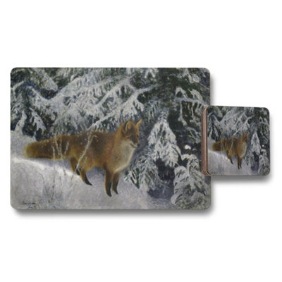 B&Q -  Red Fox In Snowy Forest Placemat And Coaster Set With Winter Scene Art