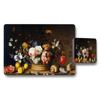 B&Q -  Floral Still Life Placemat And Coaster Set Featuring Basket Of Flowers