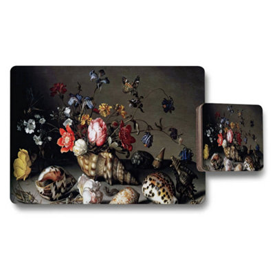 Benjamin Tate Design Floral Still Life Placemats And Coaster Set With Shell Motif from B&Q