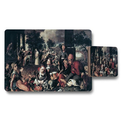 B&Q -  Vintage Market Scene Placemat And Coaster Set Featuring Classic Artwork
