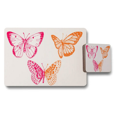 B&Q -  Butterfly Design Placemat And Coaster Set With Pink And Orange Motifs