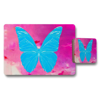 B&Q -  Blue Butterfly Placemat And Coaster Set On Pink Tie Dye Background