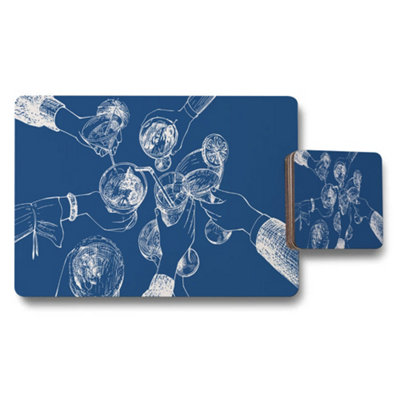 B&Q -  Blue Placemat And Coaster Set With Toasting Glasses Sketch