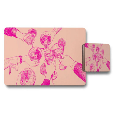 B&Q -  Placemat And Coaster Set With Pink Hand Drawn Drink Glasses Artwork