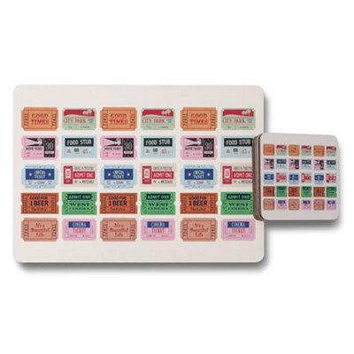 Benjamin Tate Design Vintage Cinema Ticket Placemat And Coaster Set With Colorful Tickets