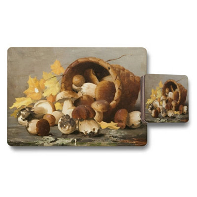 B&Q -  Mushroom Still Life Placemats And Coasters Set Rustic Autumn Decor