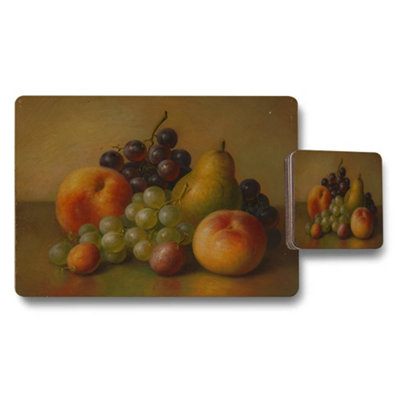 B&Q -  Fruit Still Life Placemats And Coaster Set With Grapes And Pears