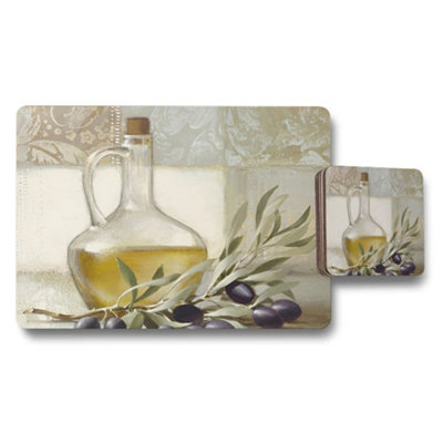 Benjamin Tate Design Olive Oil Bottle And Olive Branch Print Placemat And Coaster Set from B&Q