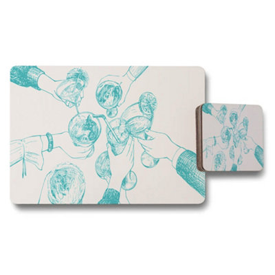 B&Q -  Placemat Coaster Set With Teal Drink Toast Illustration
