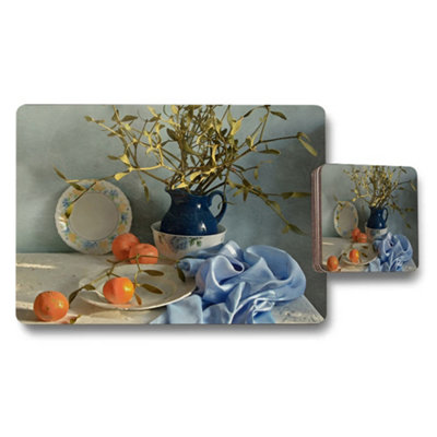 Benjamin Tate Design Elegant Still Life Placemat And Coaster Set With Blue Vase And Oranges from B&Q