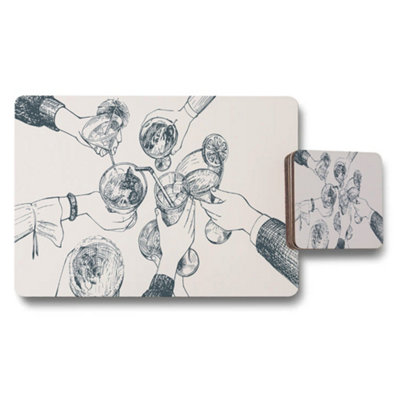 Benjamin Tate Design Placemat And Coaster Set With Hand Drawn Toasting Glasses Sketch Art from B&Q
