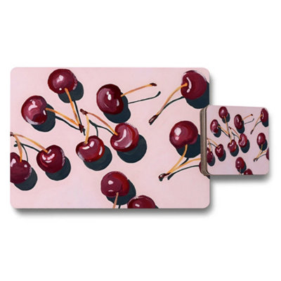B&Q -  Cherry Print Placemat And Coaster Set Pink Background