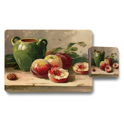 Benjamin Tate Design Still Life Fruit Placemat And Coaster Set With Green Vase Artwork from B&Q