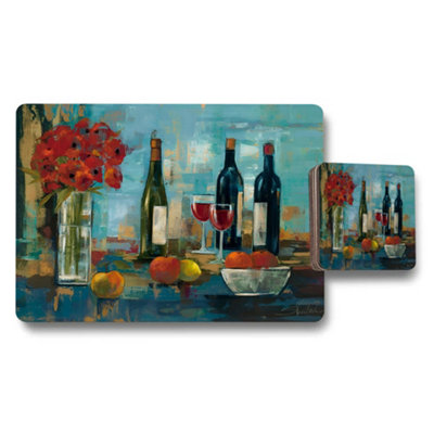 Benjamin Tate Design Wine Bottle Still Life Placemat And Coaster Set With Floral Vase from B&Q