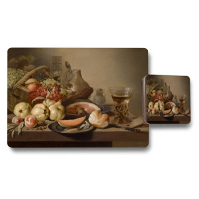 B&Q -  Still Life Fruit Placemats And Coasters Set With Classic Wine Theme