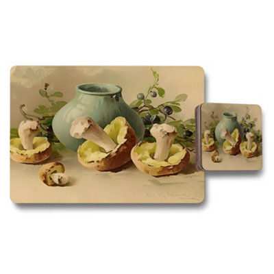 Benjamin Tate Design Vintage Still Life Placemat And Coaster Set With Mushrooms And Vase from B&Q