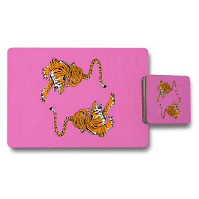 B&Q -  Tiger Themed Placemat Coaster Set Pink Background For Dining