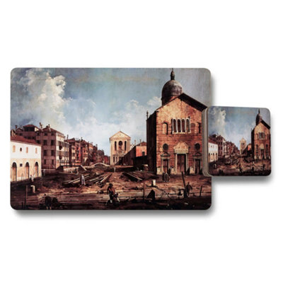 B&Q -  Vintage Cityscape Placemat And Coaster Set With Historic Church Artwork