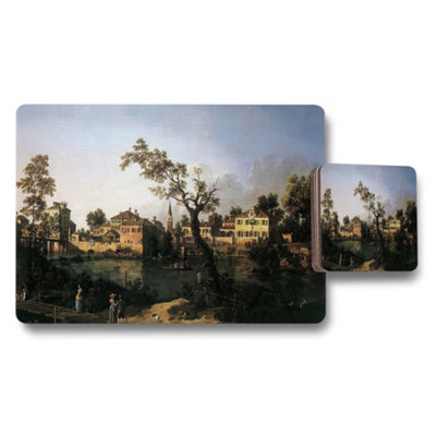 B&Q -  Vintage Landscape Placemat And Coaster Set With Riverside Town Scene