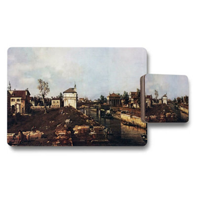 B&Q -  Vintage Cityscape Placemat And Coaster Set Featuring River View Artwork