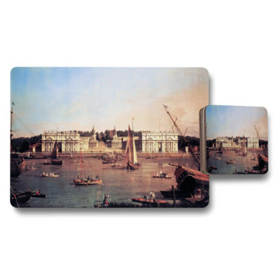 B&Q -  Harbor Scene Placemats And Coaster Set With Vintage Waterfront Art