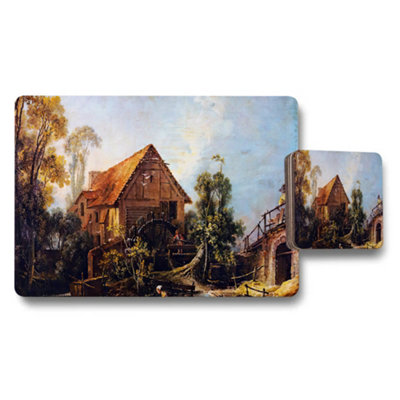 B&Q -  Placemat Coaster Set Rustic Cottage Landscape Painting Home Decor