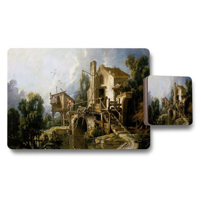 B&Q -  Placemat And Coaster Set With Rustic Bridge Cottage Landscape Art